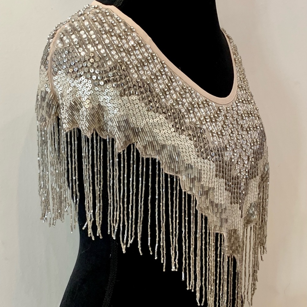 HAUTE HIPPIE Beaded Shawl $595 New Sequin Evening Cape 1920s Gatsby Ivory Bridal - Picture 14 of 16